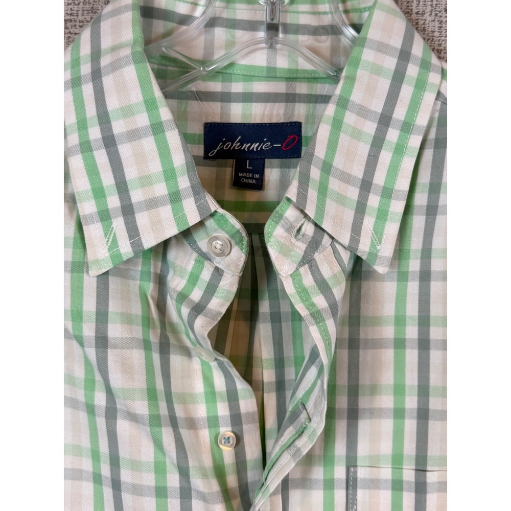 Johnnie-O Mens Large Green Grey Plaid Cotton Long Sleeve Button Down Shirt Prep